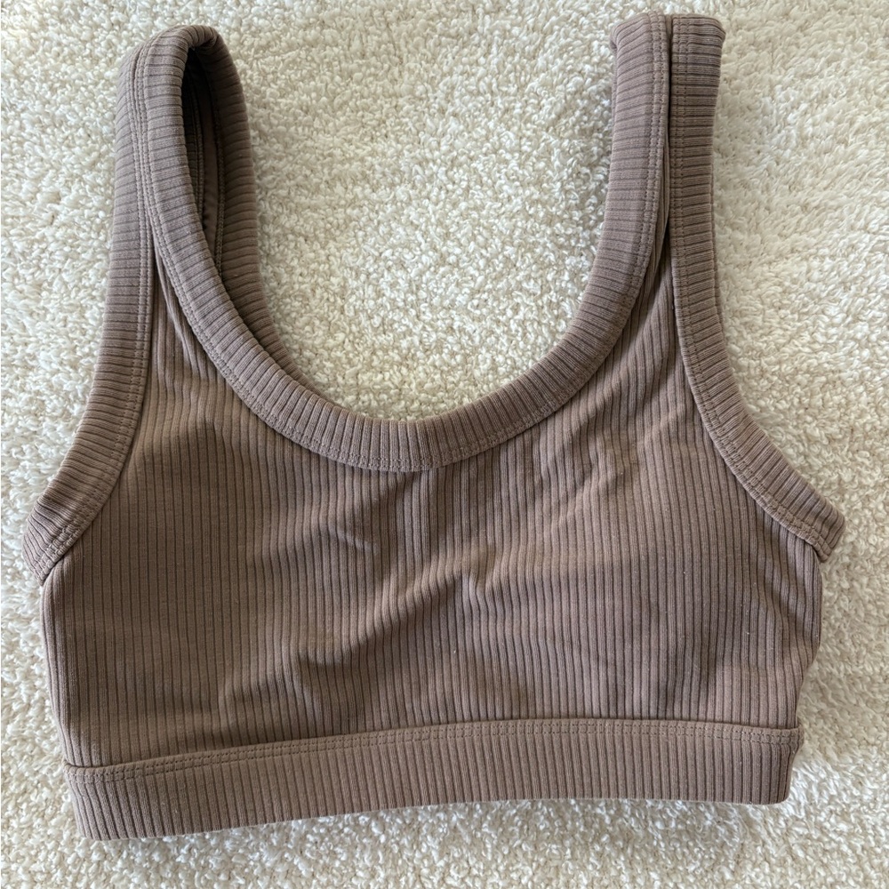 ALO Yoga Rib Wellness Taupe Sports Bra
